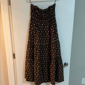 Anthropologie Brown Strapless Maxi Dress with White Polka Dots
